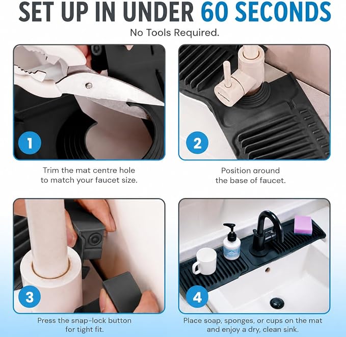 Faucet Mat for Kitchen Sink – 24 Inch Silicone Sink Splash Guard with 2 FREE Drain Cleaning Rods, Food-Grade Kitchen Faucet Mat, Self-Draining Countertop Protector for Kitchen & Bathroom - Image 8
