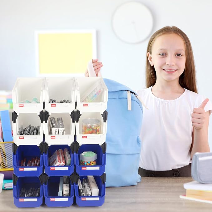 12 Packs Stackable Storage Bins, 11" x 5" x 5" Plastic Bins, | Space-Saving Parts Bin for Garage, Warehouse, Workbench, Hardware & Office - Image 8