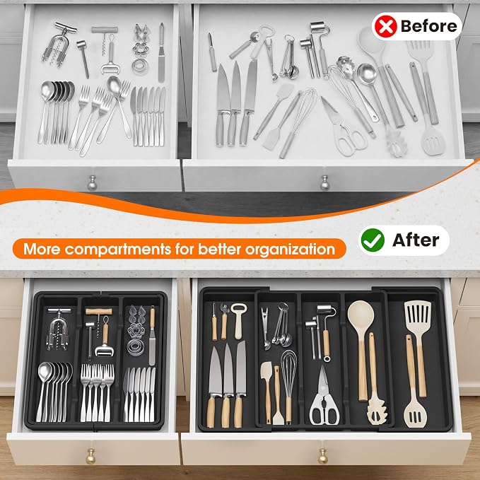 Large Expandable Silverware Drawer Organizer, Utensil Tray | Kitchen Drawer Organizer for Spoons/Forks/Knives, Multipurpose & BPA Free Cutlery Tray (1 Pack, Black) - Image 4
