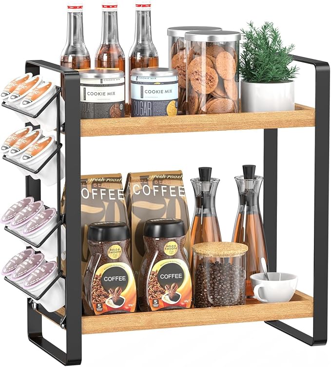 Coffee Station Organizer for Counter,Condiment Storage Caddy for Kitchen,2 Tier Wooden Shelf for Coffee Bar Accessories,Coffee Bar Organizer for Kitchen, Home, Office-Brown by LemikkleDirect