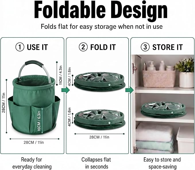 Cleaning Caddy with Handle, Large Supply Organiser 17L with 6 Pockets, Cleaning Products Organiser, Foldable Storage Basket, Portable Cleaning Caddy for Home (Green) - Image 4