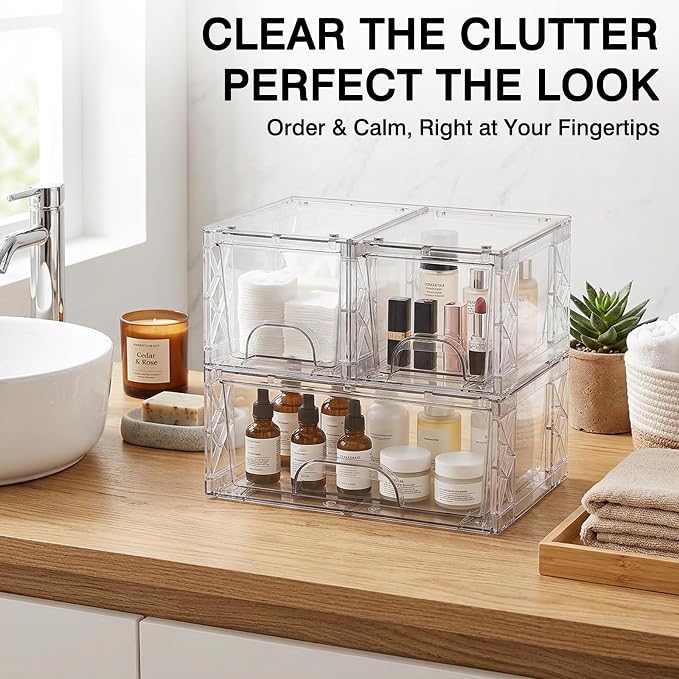 Stackable Storage Drawers 3 Pack Undersink Bathroom Organizer Bins | Pull-Out Drawers, Easy Assembly, Stackable Design, for Under-Sink Cosmetics Kitchen and Snacks - Image 6
