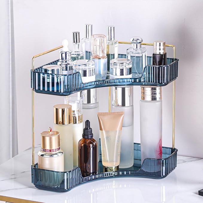 Corner Bathroom Counter Organizer Bathroom Countertop Shelf Makeup Organizer for Vanity Perfume Tray for Corner Storage (2 Tiers, Blue) by Weidace