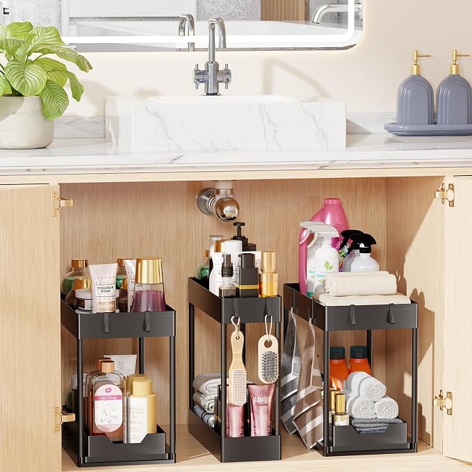 Simple Trending Under Sink Organizer 3 Pack, with Sliding Drawer, Black | 2 Tier Multi-Purpose Pull-Out Cabinet Organizer, Slide Out Storage Shelf for Kitchen Bathroom, Large Capacity, Easy Assembly - Image 6