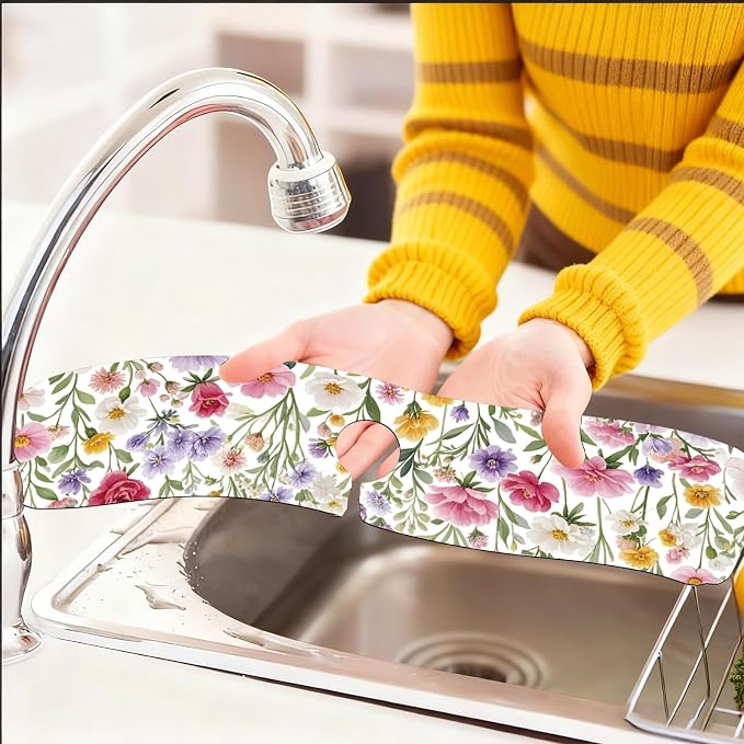 2 Pcs Kitchen Sink Splash Guard Faucet Mat Colorful Watercolor Flowers and Plants Pattern Faucet Mat for Sinks Absorbing Drying Mat for Kitchen Bathroom, 23.6x5.5inch - Image 6