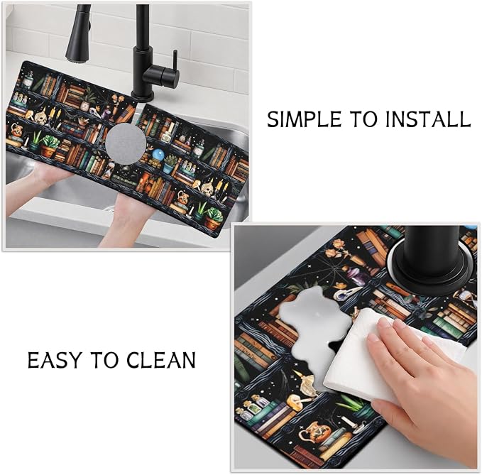 Halloween Kitchen Sink Splash Guard Faucet Mat,Black Witches Bookshelf Skulls Halloween Faucet Non-slip Absorbent Mat,Farmhouse Sink Splash Guard Behind Faucet for Kitchen Bathroom,15"x5.5" - Image 4