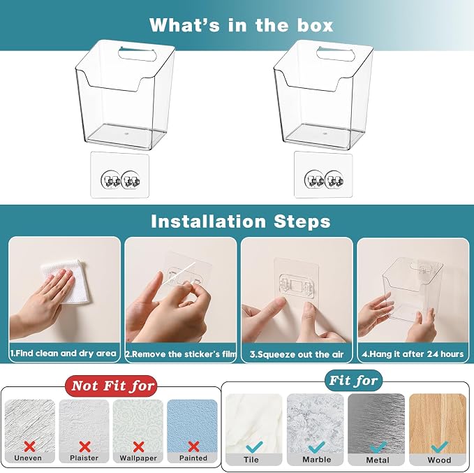 2-Pack Kitchen Cabinet Door Organizer Adhesive, Hanging Storage Bins, Stick on Wall Storage Container, Bathroom Floating Bins Wall Mounted Organizer Under Sink Caddy for Pantry Storage, Office, Dorm - Image 7