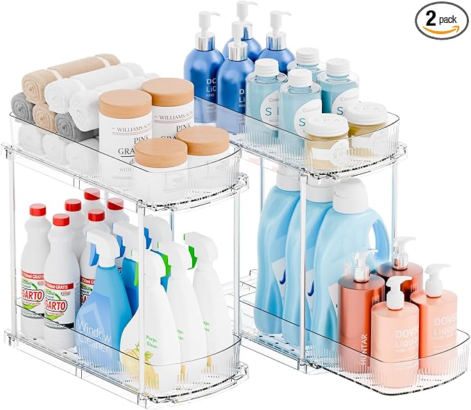 2 Pack 13.8″ Deep 2 Tier Under Sink Storage Organizer,Large Pull Out Bathroom Organizers and Storage,Slide Out Acrylic Undersink Storage Shelf,Kitchen Under Sink Organizer for Cleaning Products by Yieach