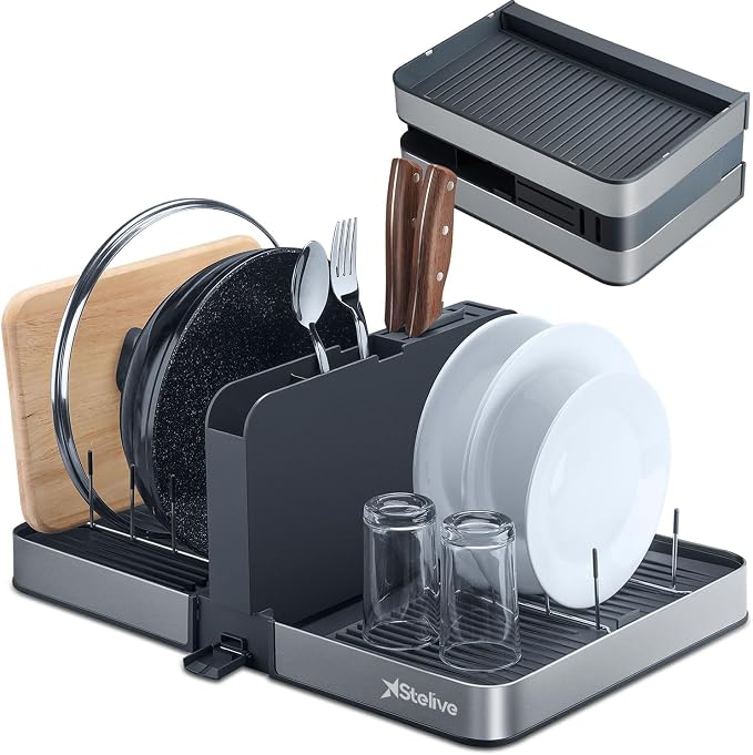 Foldable Dish Drying Rack with Removable Cutlery Holder | Stainless-Steel Dish Rack with Dual Parts, Space-Saving Dish Rack, Rustproof Utensil Drainer for Kitchen Counter, Gray/Steel by Stelive