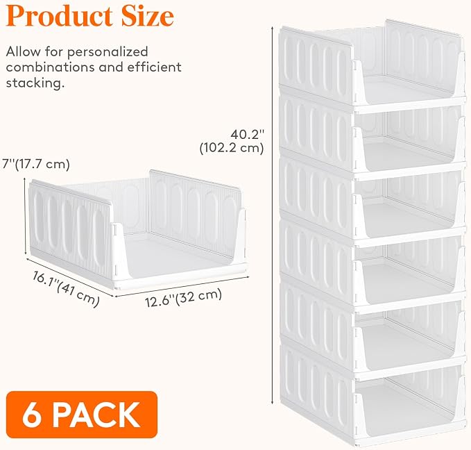 Lifewit Stacking Closet Organizers Shelf for Clothes 6 Pack 14" Depth | open front basket, top shelf storage bins, store clothing sweater jeans, for Pantry, Kitchen, Dorm - Image 5