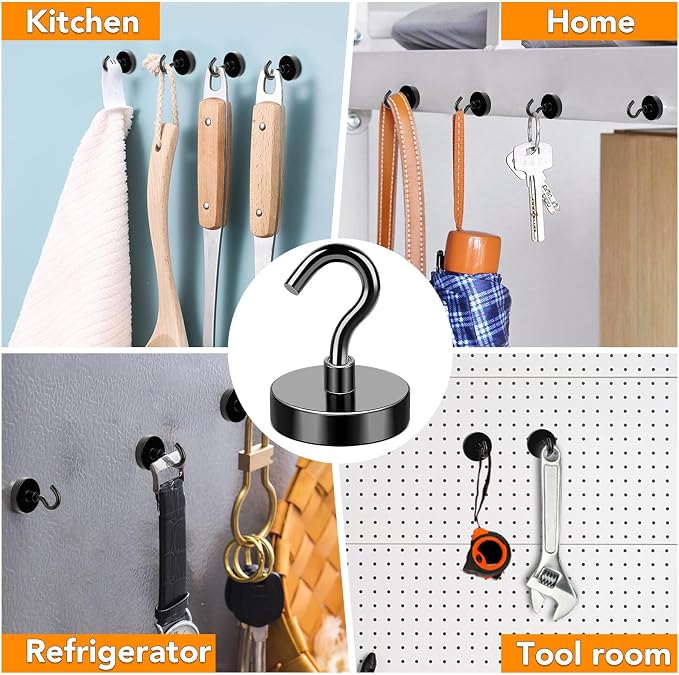 Magnetic Hooks 85Lbs Heavy Duty Magnets with Hook for Cruise Cabin | Strong Magnet Hooks for Hanging Super Metal Magnetic Hanger for Grill Fridge Kitchen Pack of 6 Black - Image 7