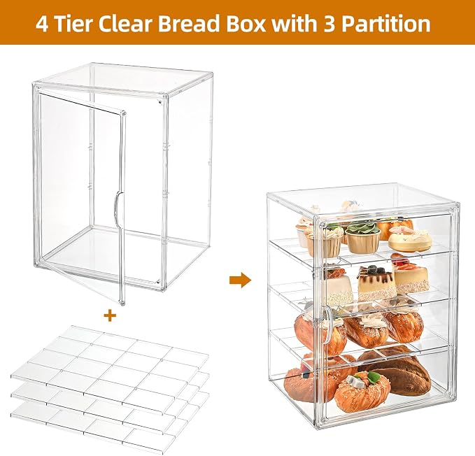 Pastry Display Case，4-Tier Adjustable Clear Bread Storage with Magnetic Door，Bread Box for Kitchen Countertop，15.7x11.8x9.8xinch (4 Tier-2 pcs) - Image 5