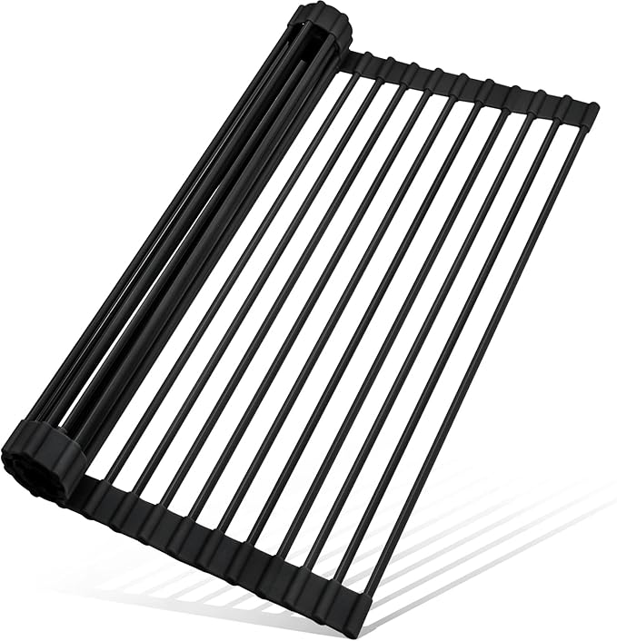MERRYBOX 20.5" x 13" Roll Up Dish Drying Rack Silicone Wrapped Over The Sink Dish Drying Rack Multipurpose Foldable Sink Drying Mat, Heat-Resistant & Anti-Rust Dish Rack for Kitchen Sink, Large, Black by MERRYBOX
