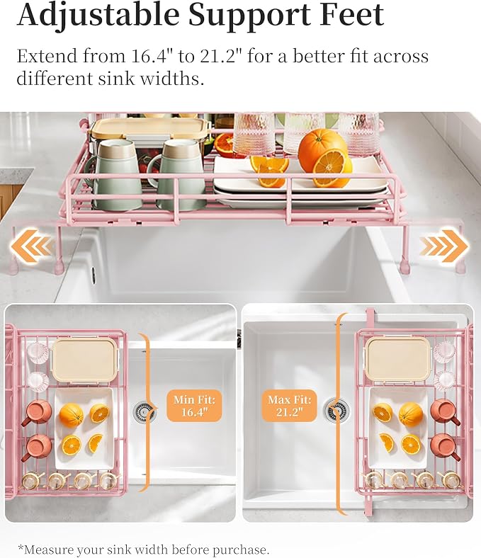 SAYZH Expandable Dish Drying Rack for Kitchen Counter, Metal, Pink | Foldable Over Sink, Large Capacity, Rust-Resistant, Adjustable for Most Sinks, Automatic Drainage, Removable Utensil Holder - Image 6