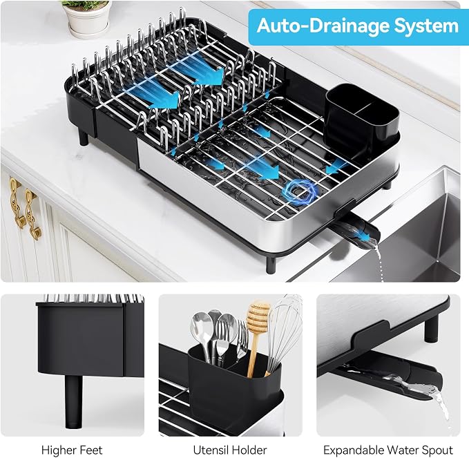 Urackify Stainless Steel Dish Drying Rack for Kitchen Counter,Black | Extends to 20.67'',Expandable & Foldable,Rust-Resistant,Rotatable Drain Pipe & Utensil Holder,Dish Drainer For 2-4 People - Image 5
