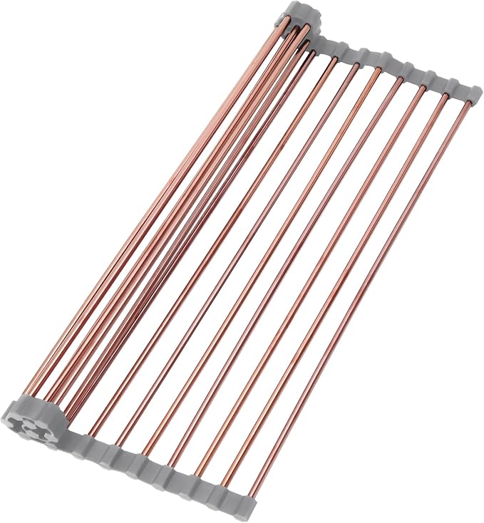11.8" x 17" Expandable Roll Up Over The Rack Sink Cover Kitchen Dish Drying Rack,SUS304 Stainless Steel Multipurpose Collapsible Organizer Dish Drying Rack for Kitchen Sink Cover,Rose Gold by blueden