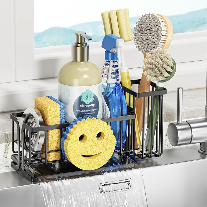 Epicano Sink Caddy Sponge Holder, Smiley Face Sponge Rack with High Brush Holder,Rustproof Kitchen Countertop Organizer,Kitchen Gadgets Sink Accessories, Black by Epicano