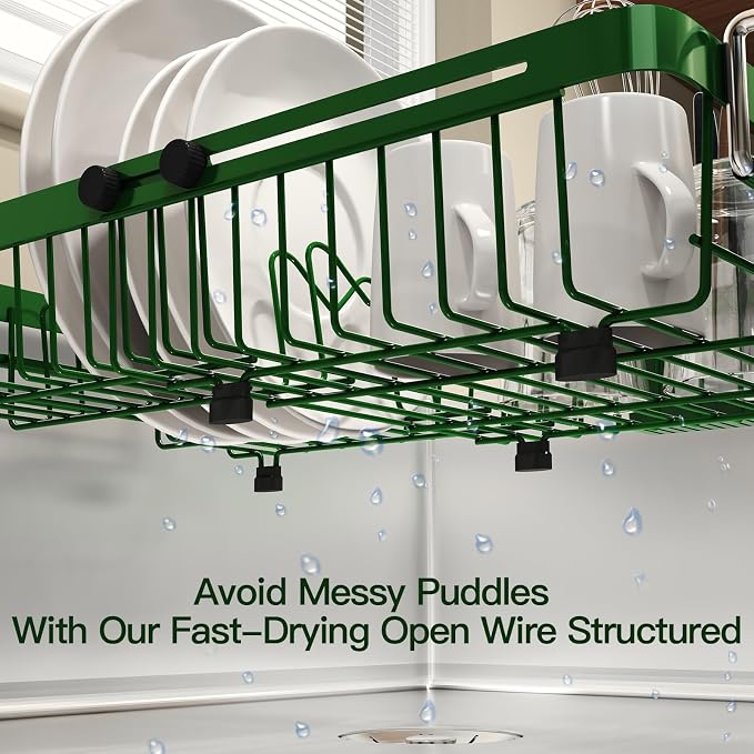 Green Dish Drying Rack Over The Sink with Utensil Holder | Expandable Stainless Steel Dish Drainer for Small Kitchen, Apartment, RV, Counter Space Saving, Perfect Fit, Rustproof - Image 3