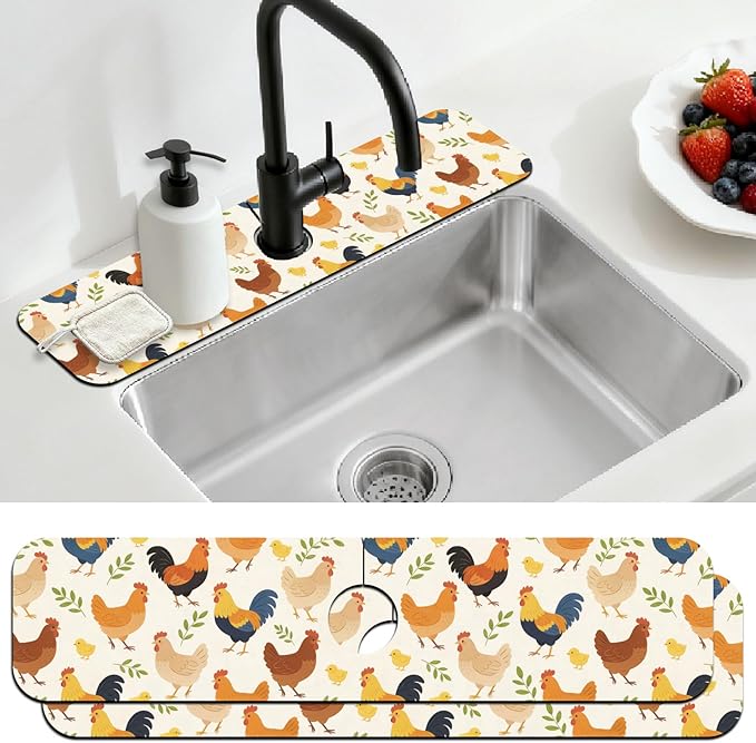 2 Pcs Kitchen Sink Splash Guard Faucet Mat Cute Rooster Faucet Mat for Sinks Leaves Pattern Absorbing Drying Mats for Kitchen Bathroom, 23.6x5.5inch by CONCHLERY%E6%97%97%E8%88%B0%E5%BA%97