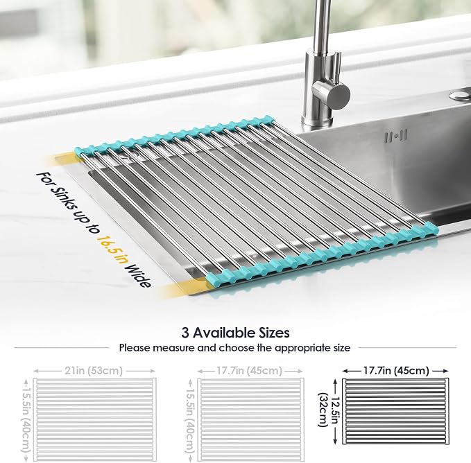 Tomorotec Roll Up Dish Drying Rack Over Sink, 304 Steel, 17.7x12.5, Green | Anti-Slip Silicone Rims For Grip, Heat-Resistant Trivet Mat Holding Heavy Cookware, Rustproof Kitchen Counter Space Saver - Image 4