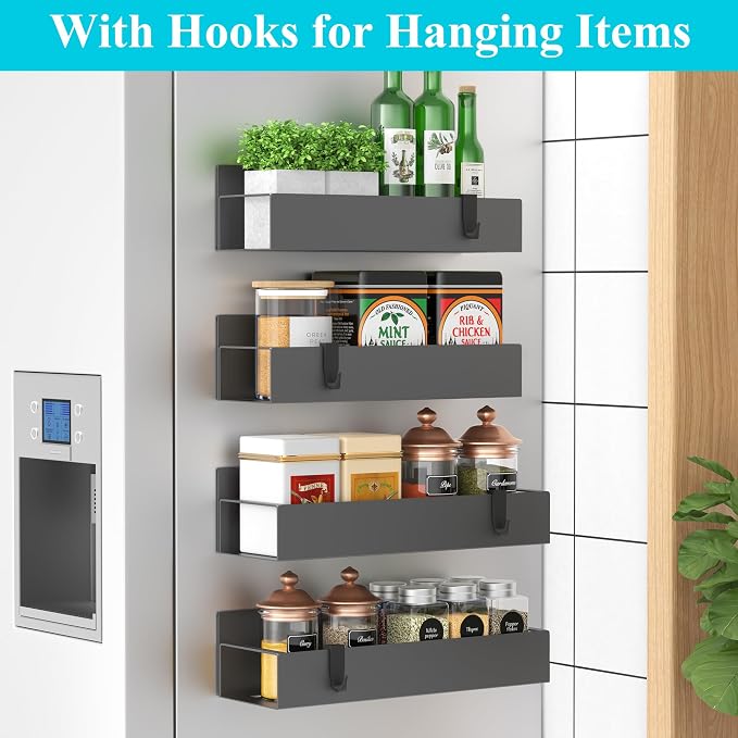 Metal Magnetic Spice Rack for Refrigerator Dark Gray, 4 Pack | Magnetic Shelves Heavy Duty for Fridge in Kitchen, Seasoning Storage Organizer, For Oven Washer and Dryer, For Heavier Items - Image 3