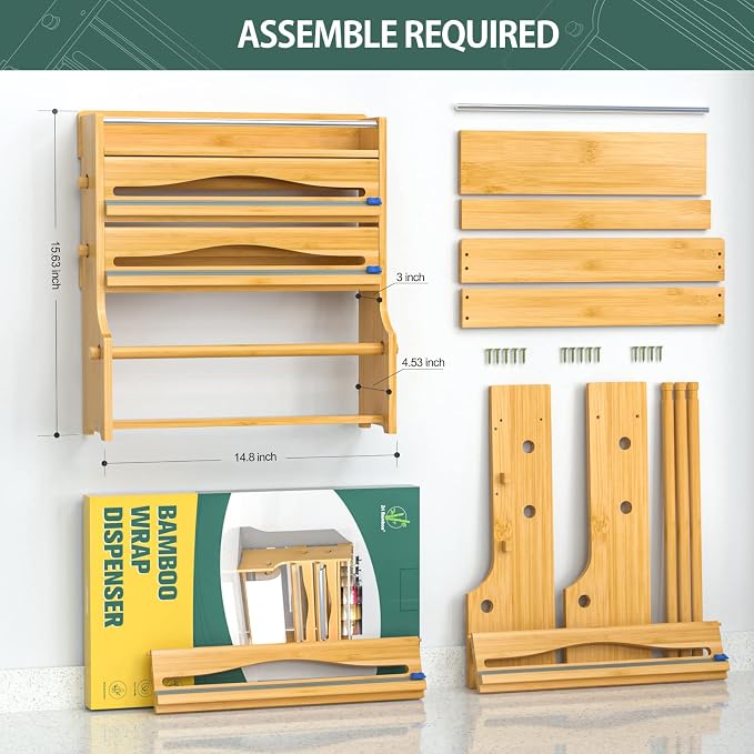 Foil Plastic Wrap Organizer Dispenser - Wall Mounted Bamboo Kitchen Paper Towel Holder with Spice Shelf,4 in 1 12" Roll Dispenser with Cutter - Image 6