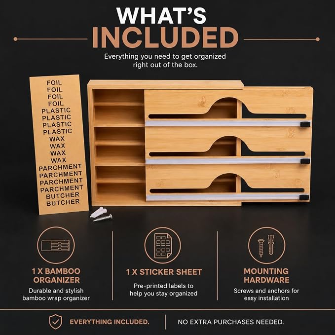 3-in-1 Bamboo Kitchen Wrap Organizer | Wall, Drawer & Counter | Serrated Cutter | Fits Any 12" Roll | Avero Brands - Image 7