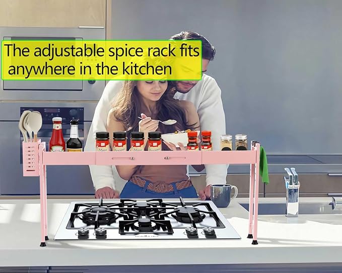 Horynar Stove Top Shelf with Extra Basket and Hooks Pink | Spice Rack Organizer Adjustable 27 to 32 Inches Over the Sink Spice Rack for Countertop (Pink) - Image 6