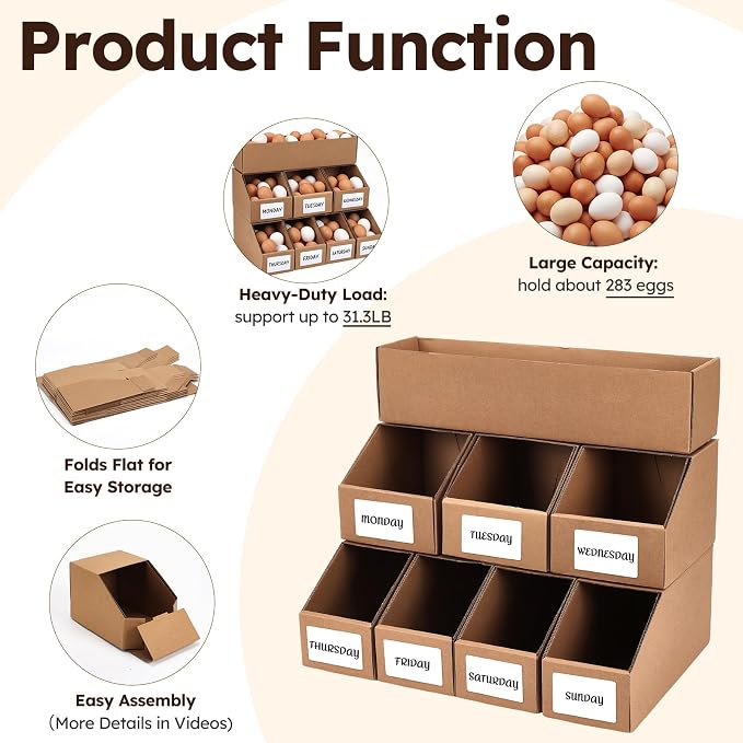 Egg Holder Countertop with 7 Dividers, 3 Tier Stackable Cardboard Chicken Egg Organizer for Gathering 283 Eggs, Fresh Egg Storage with 7 Write & Wipe Labels for Kitchen Counter - Image 3