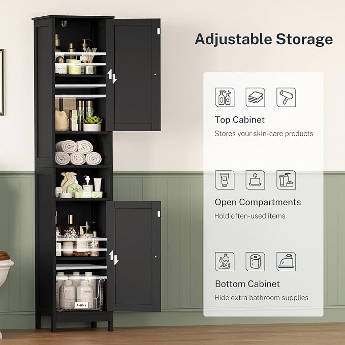 67" Tall Bathroom Cabinet with Adjustable Shelves and Doors | Narrow Bathroom Storage Cabinet for Small Space, Living Room, Entryway, Kitchen, Black - Image 6