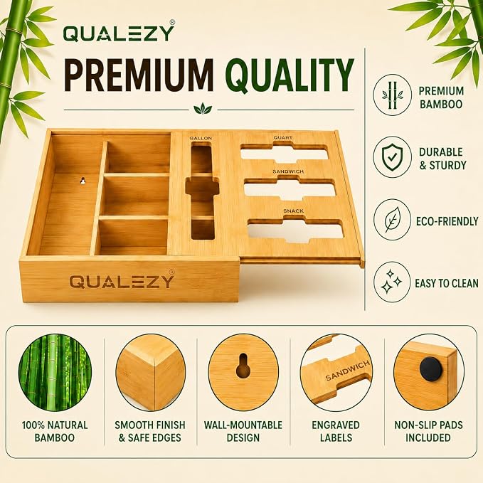 Bamboo Storage Bag Organizer for Drawer | 4-in-1 Baggie Organizer, Kitchen Drawer, Wall Mount & Countertop, Gallon, Quart, Sandwich & Snack, Engraved Labels - Image 2