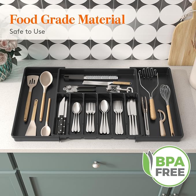 Lifewit Extra Large Silverware Drawer Organizer, Expandable Utensil Tray | BPA Free Flatware Cutlery Holder for Kitchen, Adjustable Plastic Storage for Spoons Forks Knives, 18- 33 x 18.5", Black - Image 8