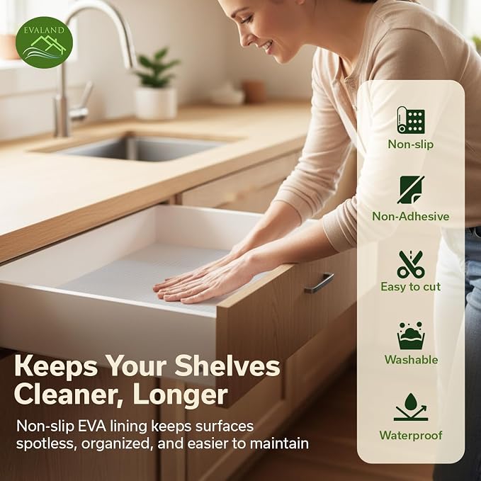 EVALAND Shelf Liner Cabinet Liner Non-Adhesive Drawer Liner 23.6 in x 20 FT | Non-Slip, Washable, Waterproof, Fridge Liners, Contact Paper, Shelf Liners for Cabinets, Kitchen, Refrigerator, Clear - Image 3