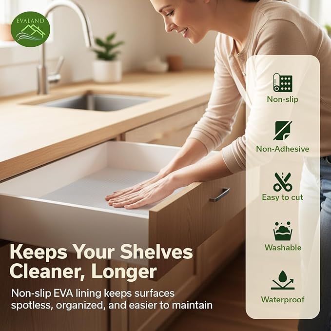 EVALAND Shelf Liner Cabinet Liner Non-Adhesive Drawer Liner 15.8 in x 33 FT | Non-Slip, Washable, Waterproof, Fridge Liners, Contact Paper, Shelf Liners for Cabinets, Kitchen, Refrigerator, Clear - Image 3