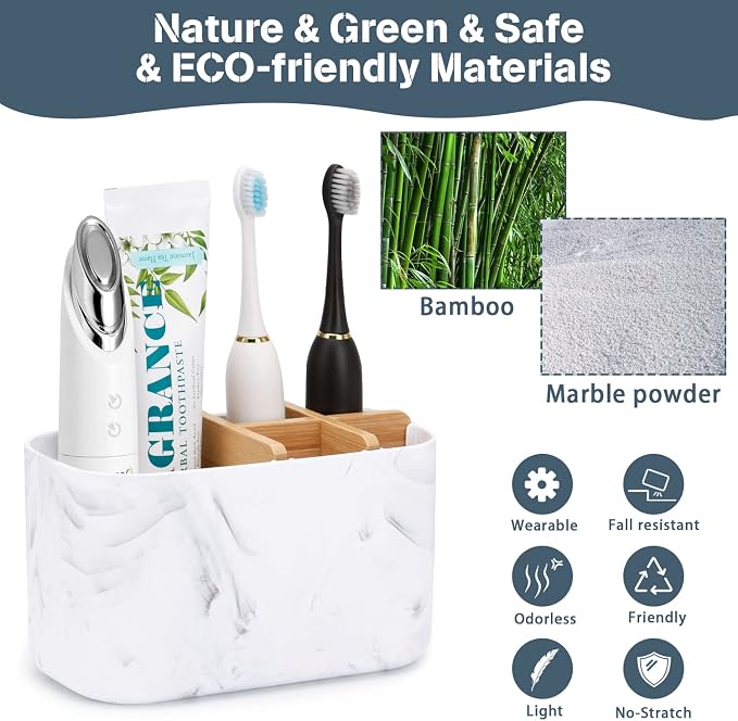 GFWARE Toothbrush Holders for Bathrooms, 5 Slots Bamboo Toothbrush Holder Kids Electric Toothbrush Holder and Toothpaste Holder for Bathroom Countertop Accessories Storage, Marble Toothbrush Organizer | 5 Slots Kids Electric Toothbrush and Toothpaste H... - Image 3
