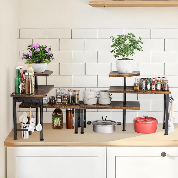 Kitchen Countertop Organizer, 3 Tier Moveable Corner Shelf Kitchen Shelf with Hook, Countertop Organizer for Bathroom, Spice Rack, Bookshelf, Coffee Area, Dresser Table (Brown) - Image 6