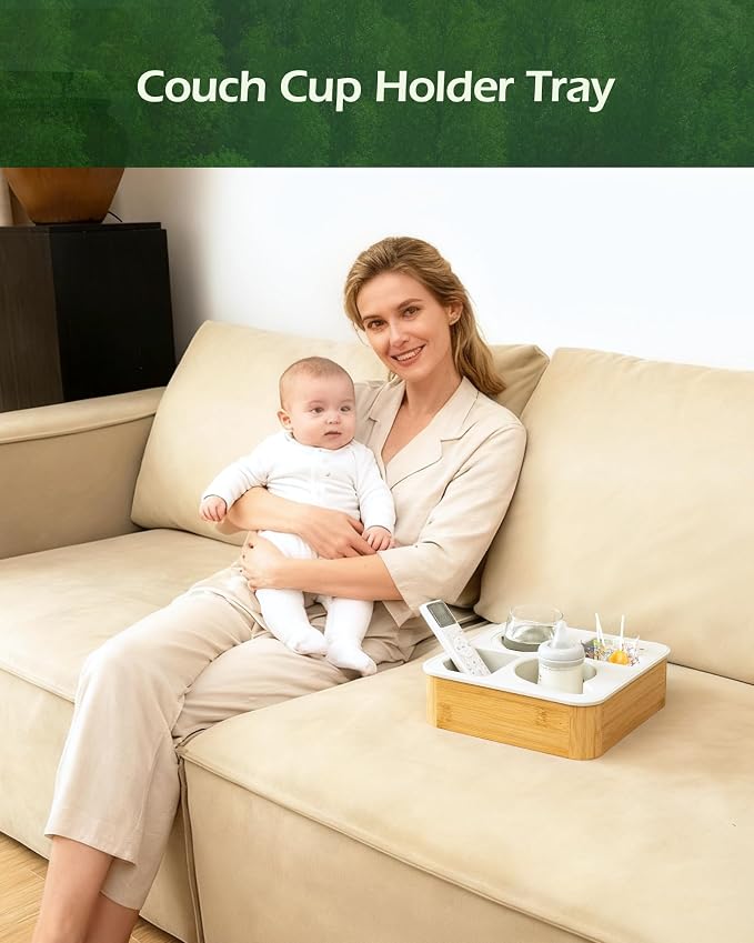 Couch Cup Holder Tray, Bamboo Couch Caddy with Rotatable Phone Holder for Bed Organizer, Waterproof Anti-spill Sofa Cup Holder for Snacks Beverage Remote Grey - Image 3