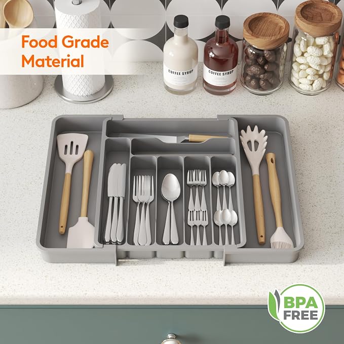 Lifewit Utensil Organizer for Kitchen Drawer, Expandable Cooking Silverware Tray, Adjustable Cutlery Flatware Holder, Plastic Spatula Tools Storage Divider, 11.8-19.6 x 15", Gray - Image 9