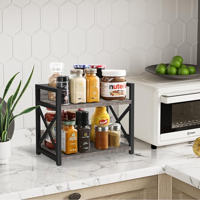 YINMIT Kitchen Countertop Organizer,Spice Rack,Coffee Bar Shelf Organizer | 2-Tier Coffee Station,Seasoning Storage,Syrup,Mug Cup,Bottle Holder,Bathroom Vanity,Pantry,Bedroom and Office,Grey,Small - Image 4