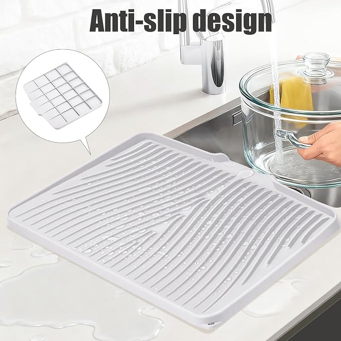 TIKNIK Silicone Dish Drying Mat for Kitchen Counter, White-1pcs, 20" x 15" | Heat Resistant & Non-Slip Dish Drain Pad with Built-In Drain, Dishwasher Safe, Quick-Dry, Hangable & Roll-Up for Storage - Image 3