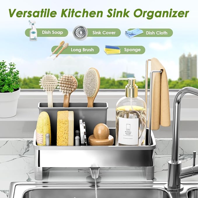 Ewaiira Stainless Steel Sink Caddy, Sponge Holder for Kitchen Sink 9.8″ | with Brush Holder Dishcloth Rack, Rustproof Sink Organizer Countertop, Soap Kitchen Organizers Storage Essentials, Gray - Image 3