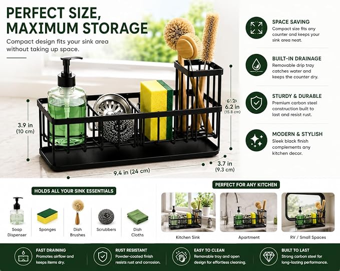 Kitchen Sink Caddy Organizer with Removable with Drain Tray, Rustproof Sponge Holder for Kitchen Counter, Carbon Steel Sink Organizer for Soap Dispenser, Sponge, Scrub Brush & Cleaning Accesories - Image 3