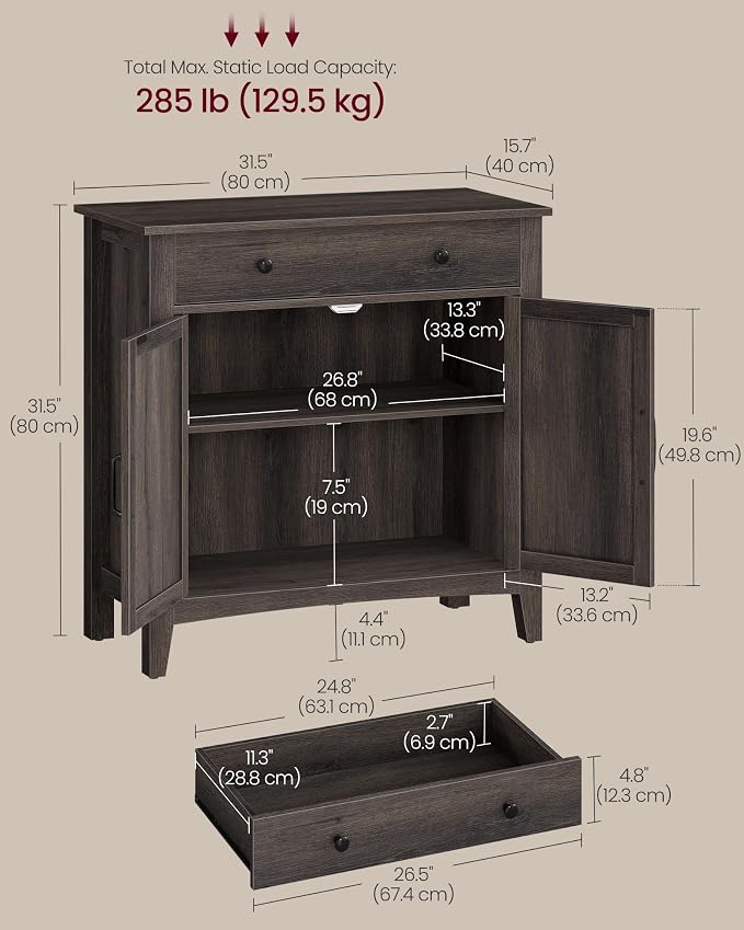 VASAGLE LIRY Collection - Buffet Cabinet, Coffee Bar Cabinet with a Drawer, Adjustable Shelf, Sideboard Storage with Cable Hole, Drawer Divider, Taupe Brown UBBK341TA01S - Image 2