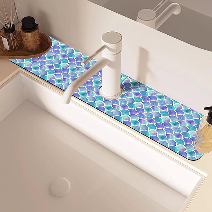 Watercolor Rainbow Scales Sink Faucet Absorbing Mat Sink Splash Guard Faucet Mat Draining Mat Fast Drying Sink Protectors for Kitchen and Bathroom 5.5"×24" - Image 2