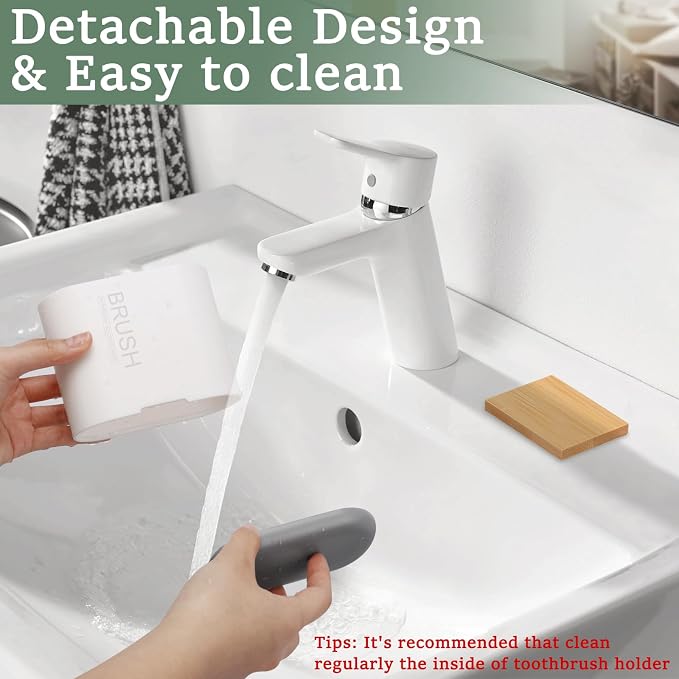 Bamboo Toothbrush Holder for Bathrooms Toothpaste Organizer, Small, White | 2 Slots, Easy to Clean, Plastic, Kids Electric Toothbrush, Drainage, Removable, For Bathroom, Vanity, Kitchen Sink, Office - Image 3