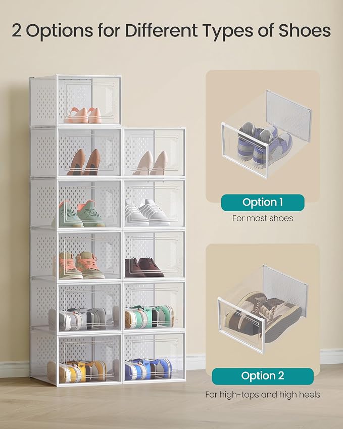 SONGMICS Shoe Boxes, Pack of 12 Shoe Storage Organizers, Stackable Clear Plastic Boxes for Closet, Sneakers, 13.1 x 9.9 x 7.4 Inches, Transparent and White ULSP12MWT - Image 4