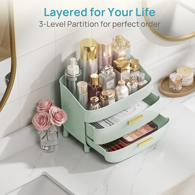 Vtopmart 3-Tier Skincare Makeup Organizer with Drawers, Green | For Vanity and Bathroom Countertop, with Drawers, Large Cosmetic Storage Box Case, , Non-Slip Base - Image 4