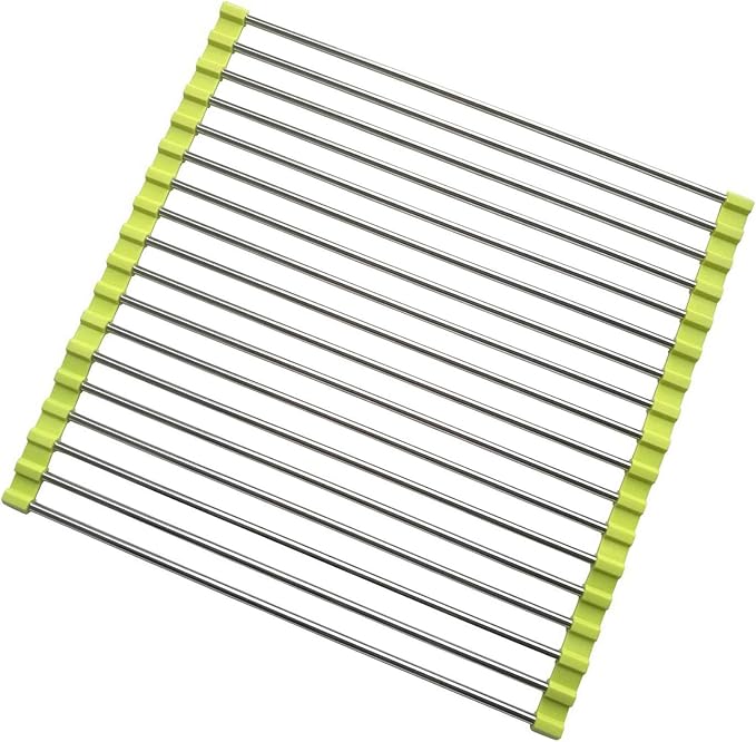 Roll Up Dish Drying Rack, Stainless Steel and Silicone Dish Drying Mat Over The Sink Foldable Drain Rack Multipurpose Dish Drainer for Kitchen, 14.5” x 14”, Green by D+DrNeeko