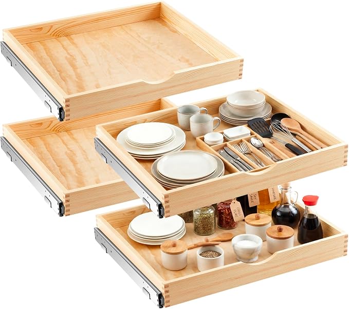 Sintuff 4 Pack Wooden Pull out Tray Cabinet Organizer Gentle Close Roll out Shelves for Kitchen Cabinets Fully Assembled Slide Pantry Shelves (26'' X 21'') by Sintuff