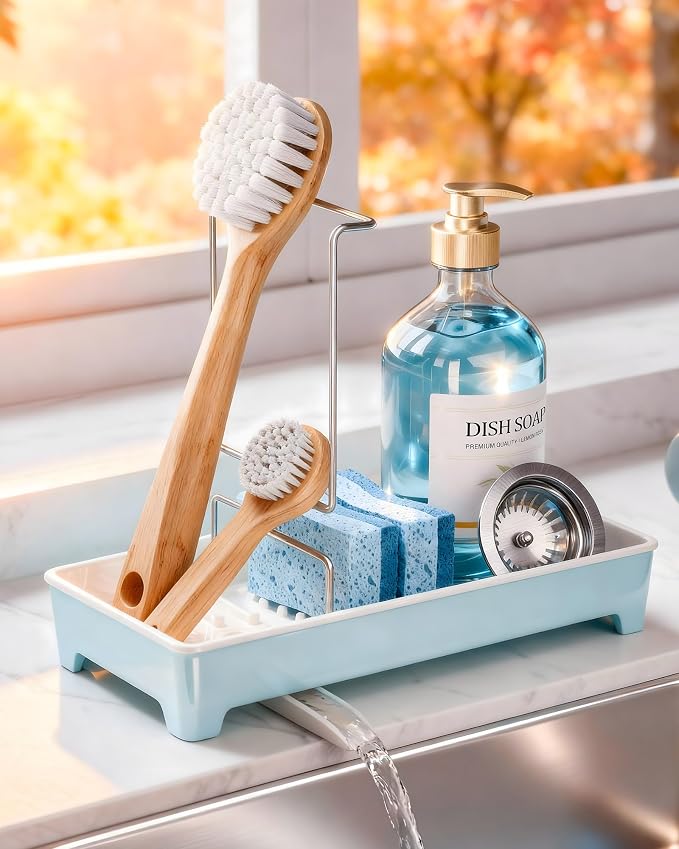 Minimalist Sink Caddy, Rustproof Sponge Holder for Kitchen Sink Blue | Large Rustproof countertop organizer with 304 stainless steel brush holder, raised ridges and silicone drain tube by Unknown